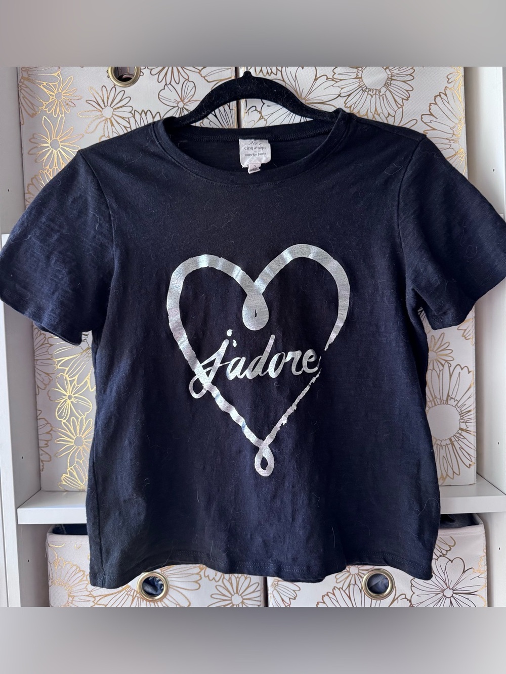 cinq a sept Black Tee with Silver Heart "j'adore" Graphic